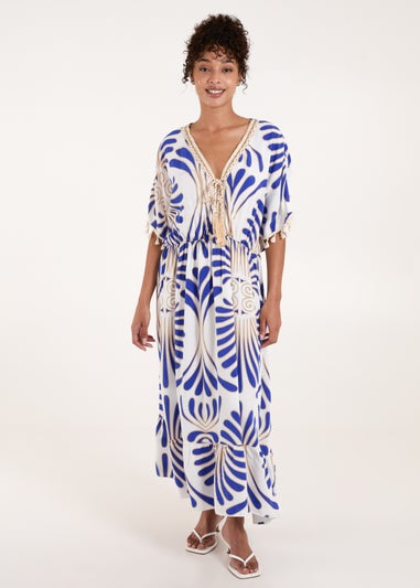 Blue Vanilla Blue Swirl Feather Print Tassel Dress