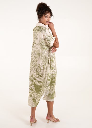 Blue Vanilla Khaki Palm Leaf Open Collar Dress