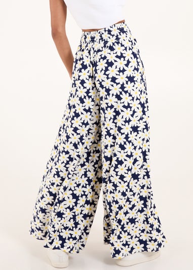 Blue Vanilla Navy Daisies Shirring Waist Wide Leg Trousers