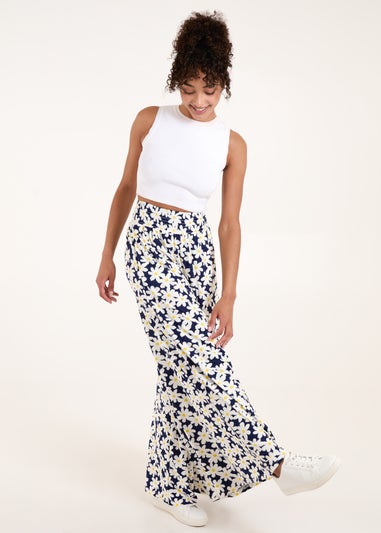 Blue Vanilla Navy Daisies Shirring Waist Wide Leg Trousers