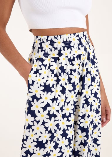 Blue Vanilla Navy Daisies Shirring Waist Wide Leg Trousers