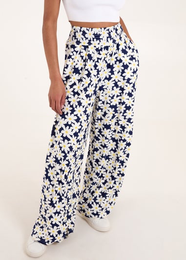 Blue Vanilla Navy Daisies Shirring Waist Wide Leg Trousers