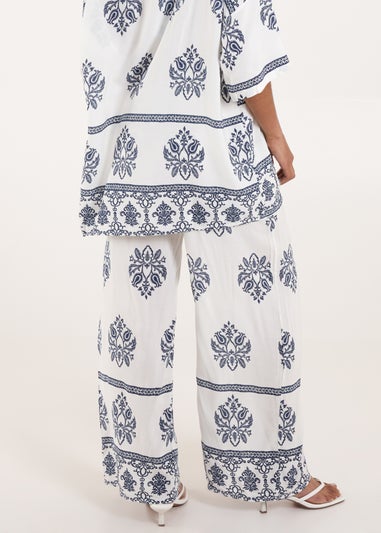 Blue Vanilla Navy Border Print Wide Leg Trousers