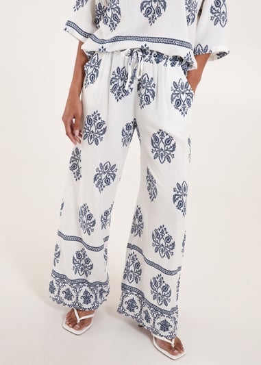 Blue Vanilla Navy Border Print Wide Leg Trousers