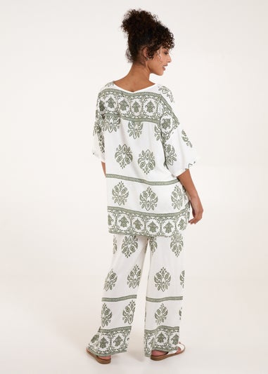 Blue Vanilla Khaki Border Print Wide Leg Trousers