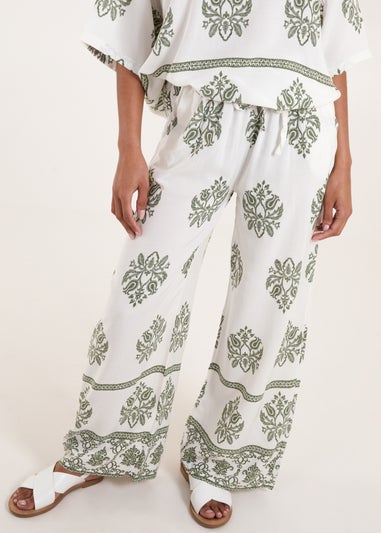 Blue Vanilla Khaki Border Print Wide Leg Trousers