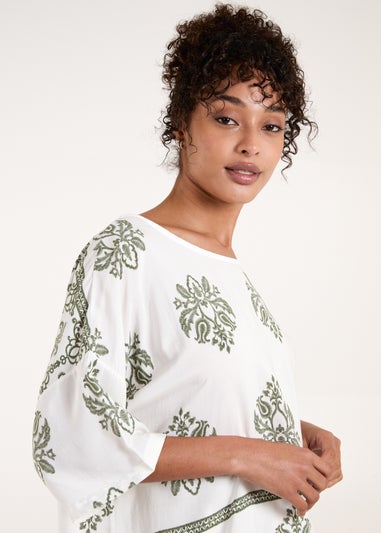 Blue Vanilla Khaki Border Print Top