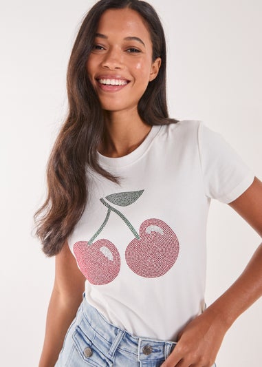 Pink Vanilla Ivory Cherry Embellished T-Shirt