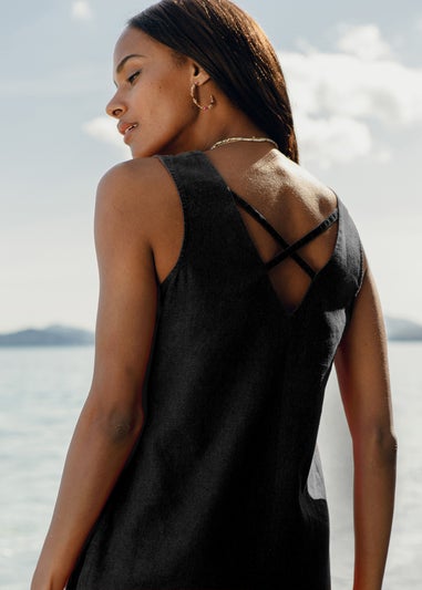 Threadbare Black Linen Blend Peggy V Neck Shift Dress