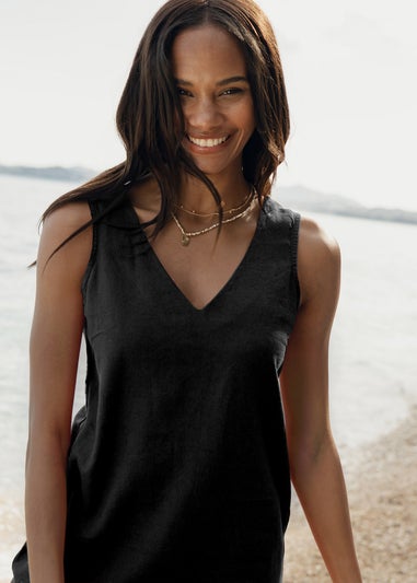Threadbare Black Linen Blend Peggy V Neck Shift Dress