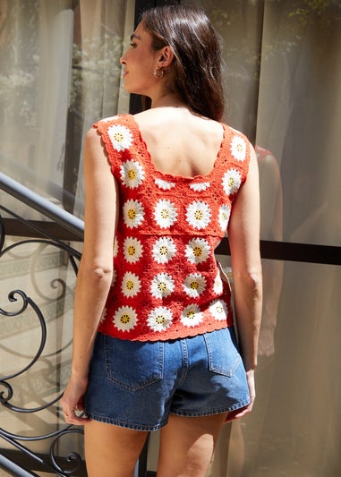 Threadbare Red Daffodil Floral Crochet Knitted Vest