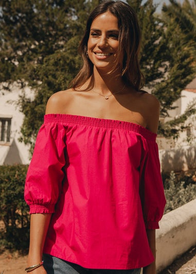 Threadbare Pink Hotel Bardot Puff Sleeve Top