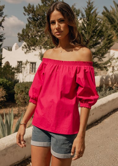 Threadbare Pink Hotel Bardot Puff Sleeve Top