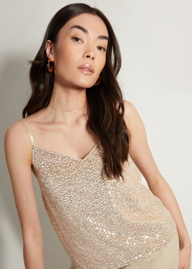 Threadbare Gold Roxanne Sequin V Neck Cami Vest Top