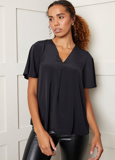 Threadbare Black Milla V Neck Flutter Sleeve Blouse