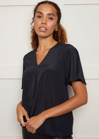 Threadbare Black Milla V Neck Flutter Sleeve Blouse