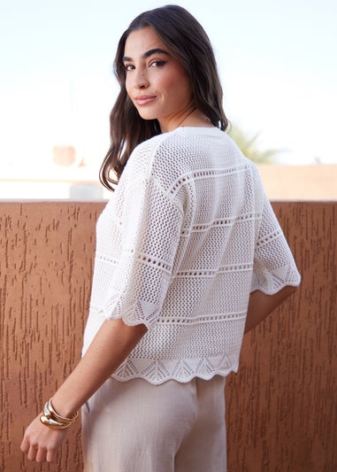 Threadbare Cream Borneo Pointelle Crochet Short Sleeve Jumper