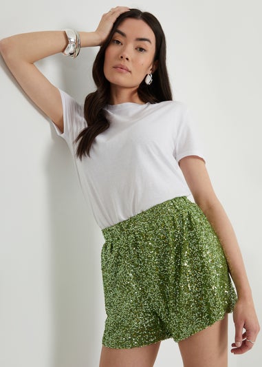 Threadbare Green Shania Sequin Pull On Shorts