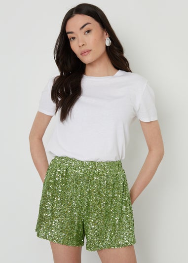 Threadbare Green Shania Sequin Pull On Shorts