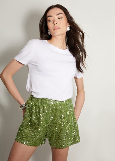 Threadbare Green Shania Sequin Pull On Shorts