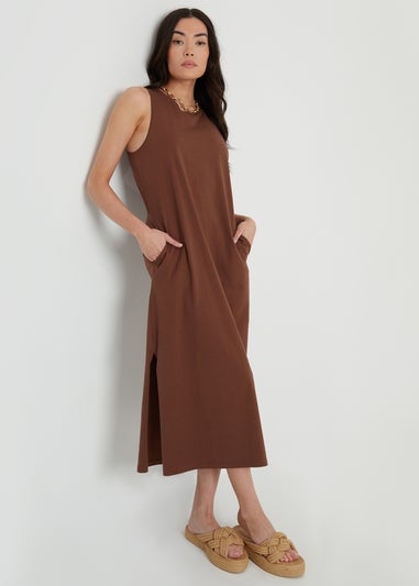 Threadbare Chocolate Sue Sleeveless Jersey Midi Dress With Pockets