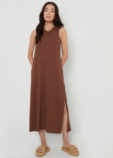 Threadbare Chocolate Sue Sleeveless Jersey Midi Dress With Pockets