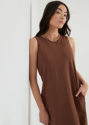 Threadbare Chocolate Sue Sleeveless Jersey Midi Dress With Pockets