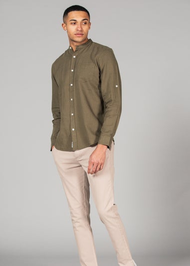 Tokyo Laundry Green Linen Blend Button-Up Shirt with Grandad Collar