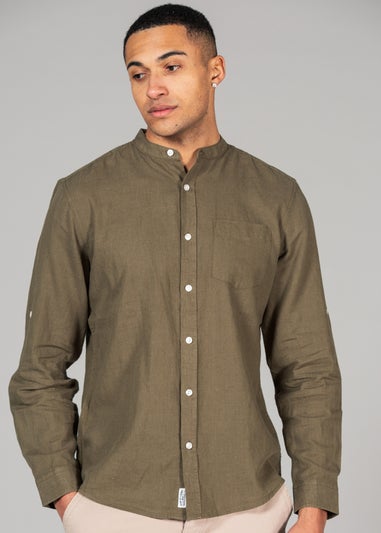 Tokyo Laundry Green Linen Blend Button-Up Shirt with Grandad Collar