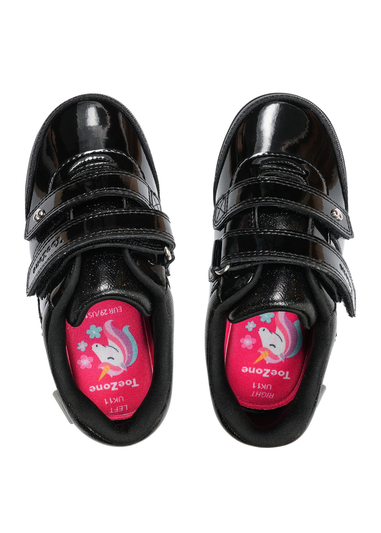 ToeZone Girls Black Lia Patent Coated Leather Unicorn School Shoe (Younger 8 - Older 2)