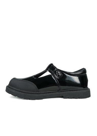 ToeZone Girls Black Clover Patent Coated Leather T-Bar Flower School Shoe (Younger 8 - Older 2)