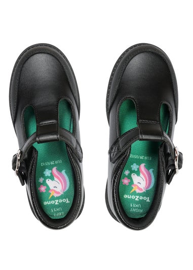 ToeZone Girls Black May Coated Leather T-Bar Unicorn School Shoe (Younger 8 - Older 2)