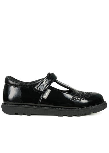 ToeZone Girls Black Flo Patent Leather Rip Tape Flower School Shoe (Younger 6 - 13)