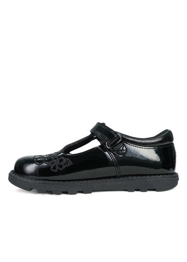 ToeZone Girls Black Flo Patent Leather Rip Tape Flower School Shoe (Younger 6 - 13)