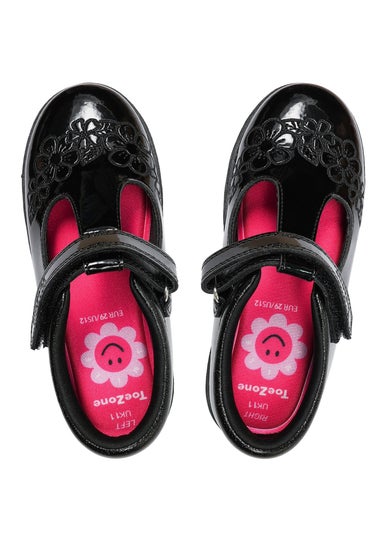 ToeZone Girls Black Flo Patent Leather Rip Tape Flower School Shoe (Younger 6 - 13)