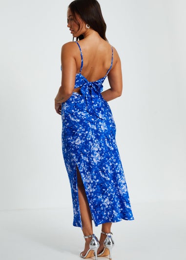 Quiz Blue Petite Ditsy Floral Satin Midaxi Dress