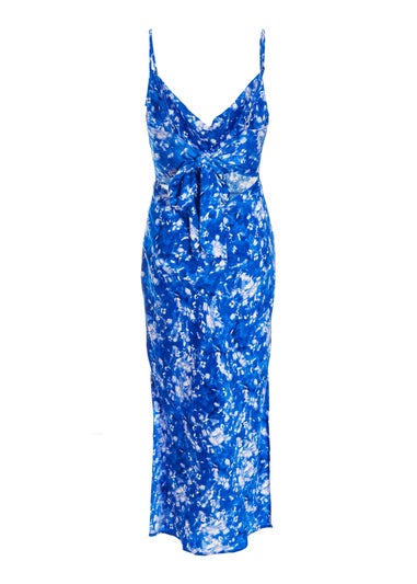 Quiz Blue Petite Ditsy Floral Satin Midaxi Dress