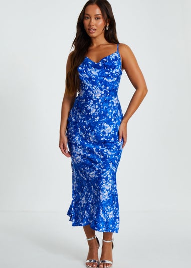 Quiz Blue Petite Ditsy Floral Satin Midaxi Dress