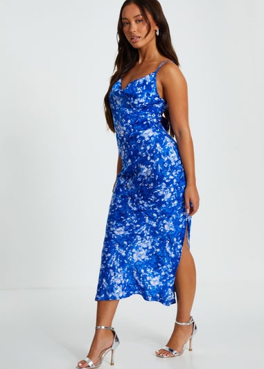 Quiz Blue Petite Ditsy Floral Satin Midaxi Dress