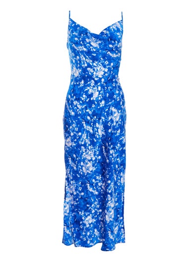 Quiz Blue Petite Ditsy Floral Satin Midaxi Dress