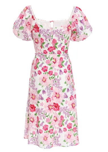 Quiz White Petite Floral Puff Sleeve Mini Dress