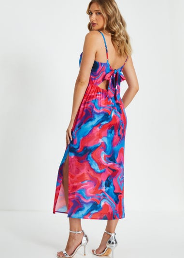 Quiz Pink Marble Print Satin Tie Back Midi Dress