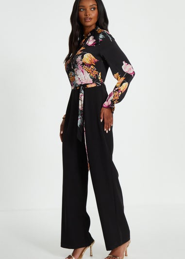 Quiz Black Floral Chiffon Contrast Wide Leg Jumpsuit