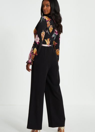 Quiz Black Floral Chiffon Contrast Wide Leg Jumpsuit