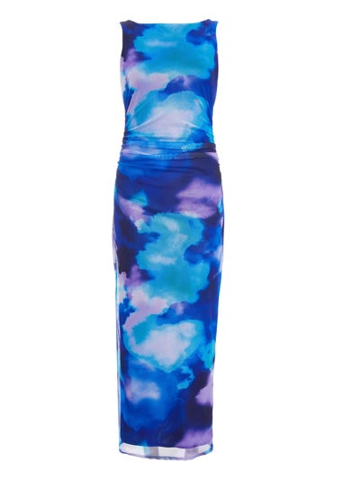 Quiz Blue Mesh Tie Dye Print Midaxi Dress