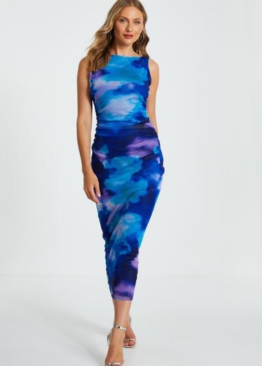 Quiz Blue Mesh Tie Dye Print Midaxi Dress