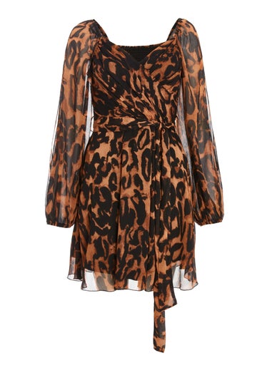 Quiz Brown Leopard Print Open Sleeve Skater Dress