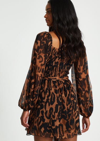 Quiz Brown Leopard Print Open Sleeve Skater Dress