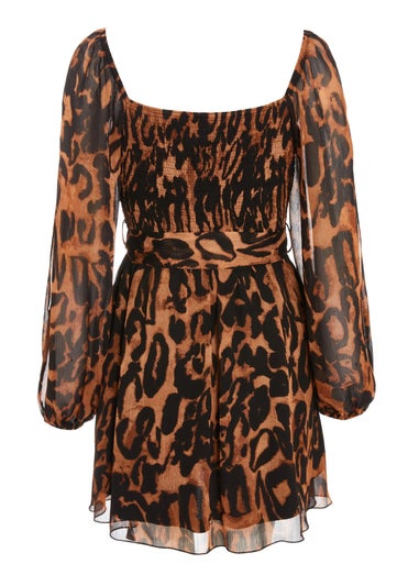 Quiz Brown Leopard Print Open Sleeve Skater Dress