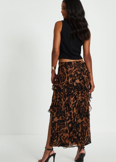 Quiz Brown Leopard Print Asymmetric Frill Maxi Skirt